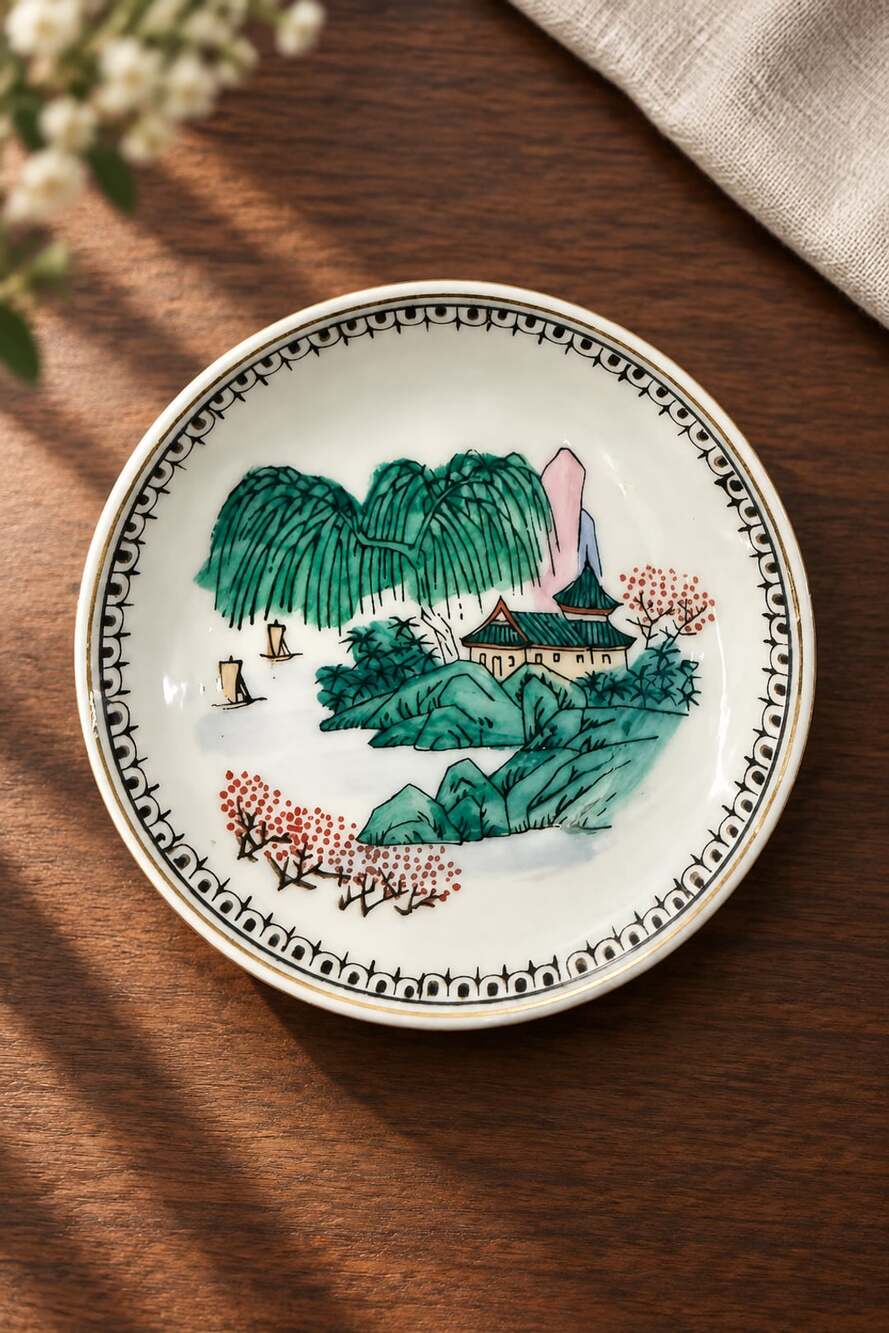 Vintage Asian Hand Painted Sauce Dish 4 Inch Pagoda Landscape